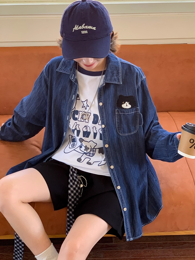 Cute Kitty Embroidery Dark Blue Faded Wash Denim Shirt