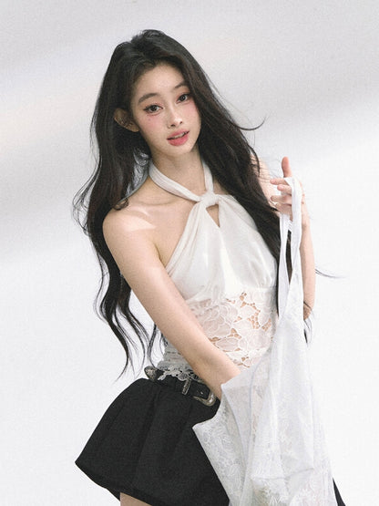 White Lace Patches Waist Self-tie Halter Neck Backless Top