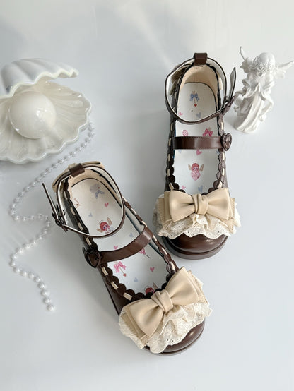 Chocolate Brown Bow at Top Lace Trim Heart Buckles Platforms