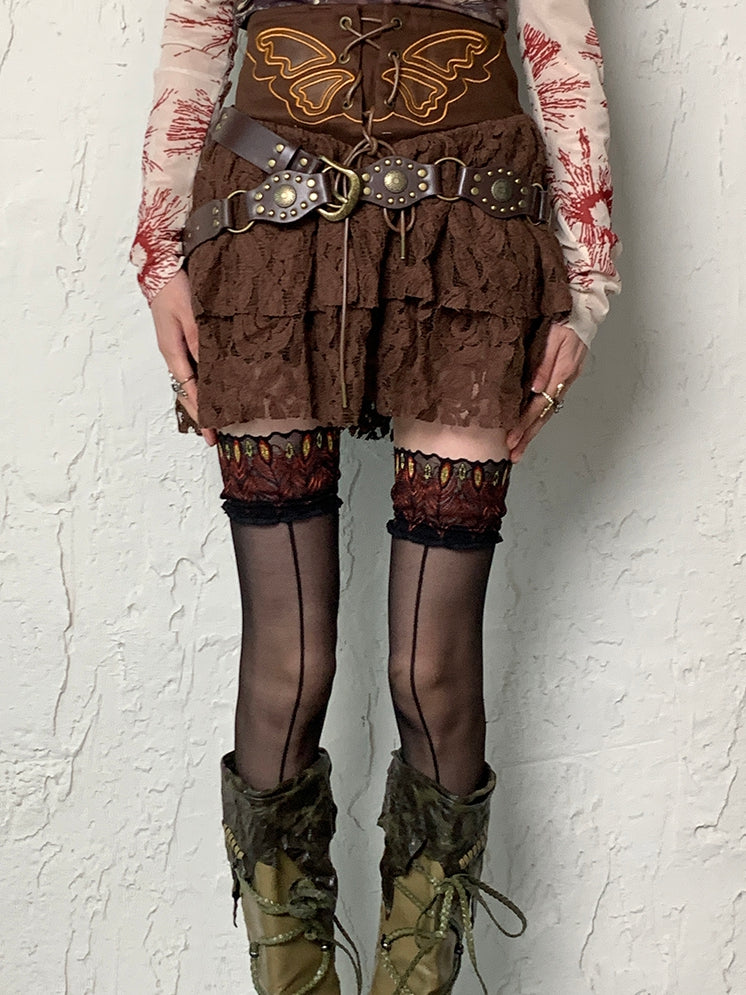 Black Y2K Peacock Feather Pattern Lace Trim Overknee Stockings