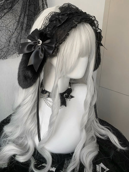 Black/White Rhinestone Heart Decorated Bowknot Details Ruffled Plush Bunny Ear Hairband