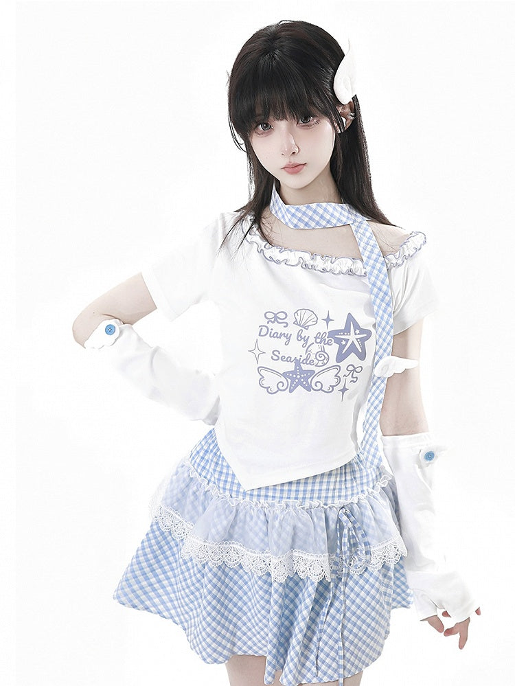 Pink/Baby Blue Plaid Lace Trim Skirt