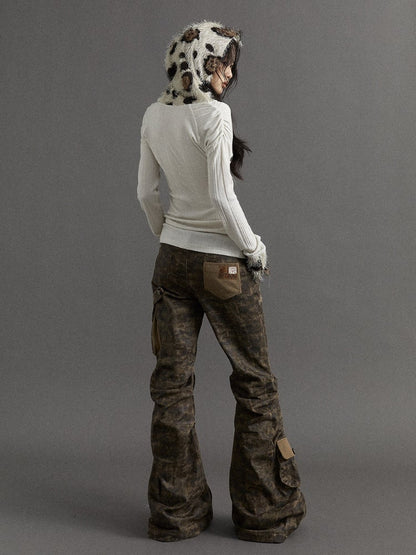Dusty Grey Camo Low-waist Distressed Design Flared Cargo Pants