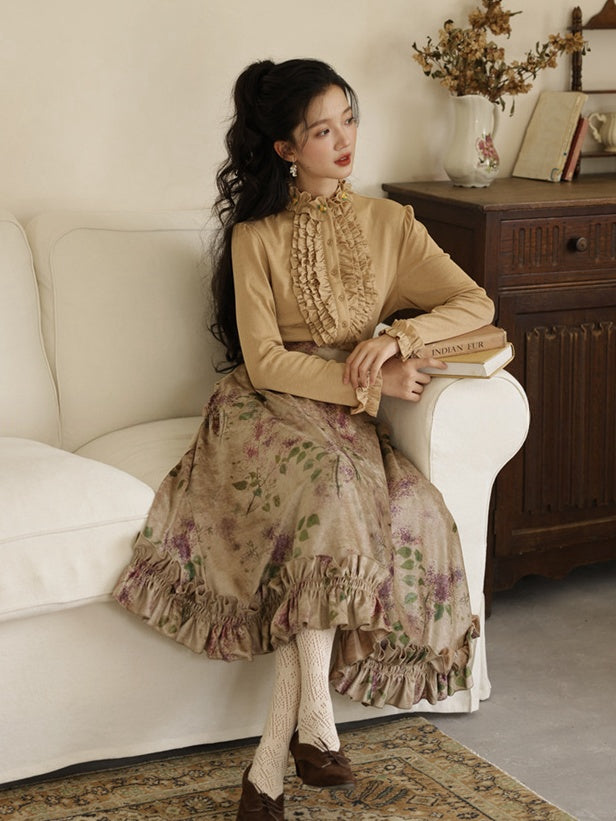 Vintage Purple Floral Print Ruffle Trim High Waist Skirt