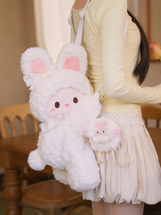 White Rabbit Bowknot Plush Backpack/Crossbody Bag + Plush Backpack Keychain