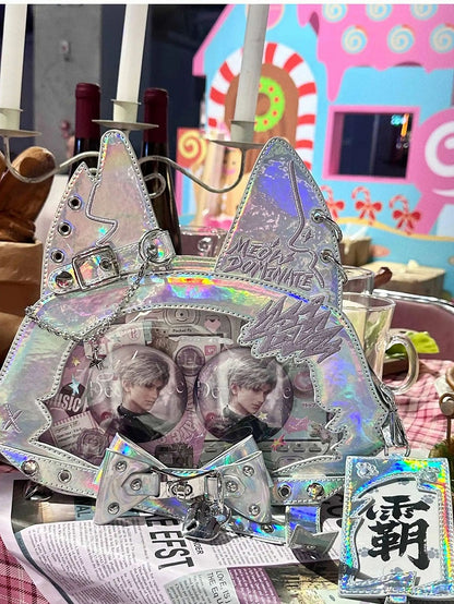 Kitty Ear Design Bowknot Studs Detail Holographic Color PU Tote Ita Bag with Free Card Holder