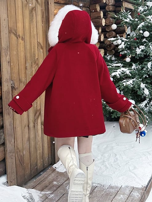 Plus Size Red Plush Trim Hooded Woolen Coat