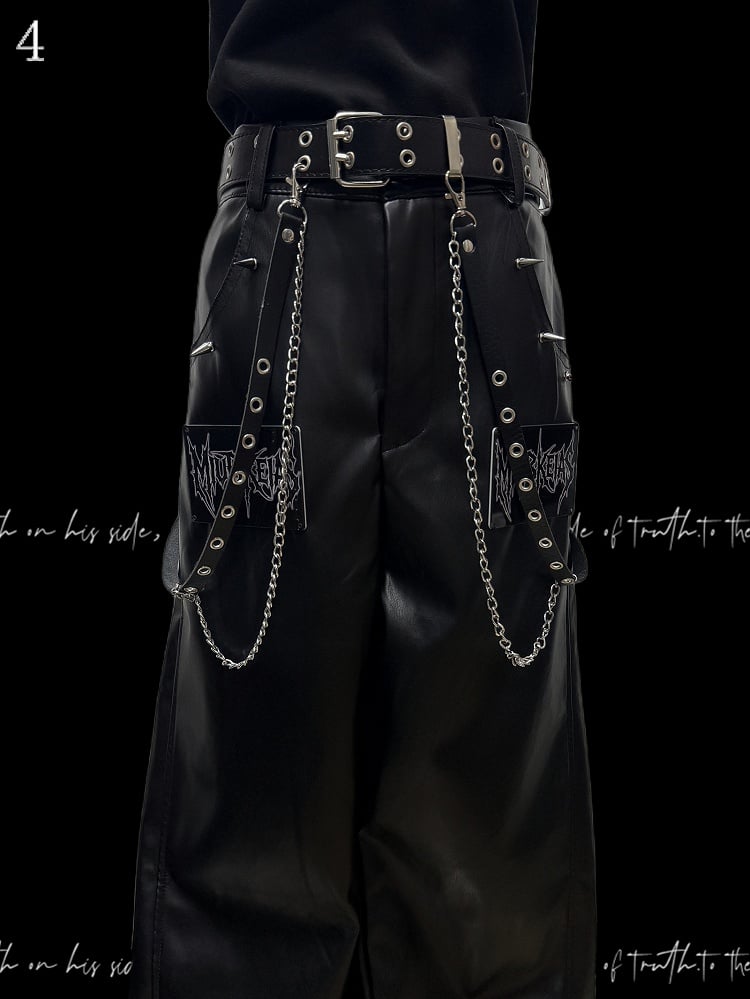 Black Punk Letter Applique Straight-leg Cut Pants