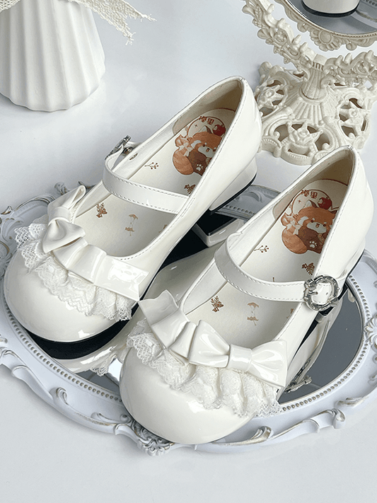 PU White Sweet Lolita Mary Janes - Round Toe Low-heel with Lace Trim & Bow Accents