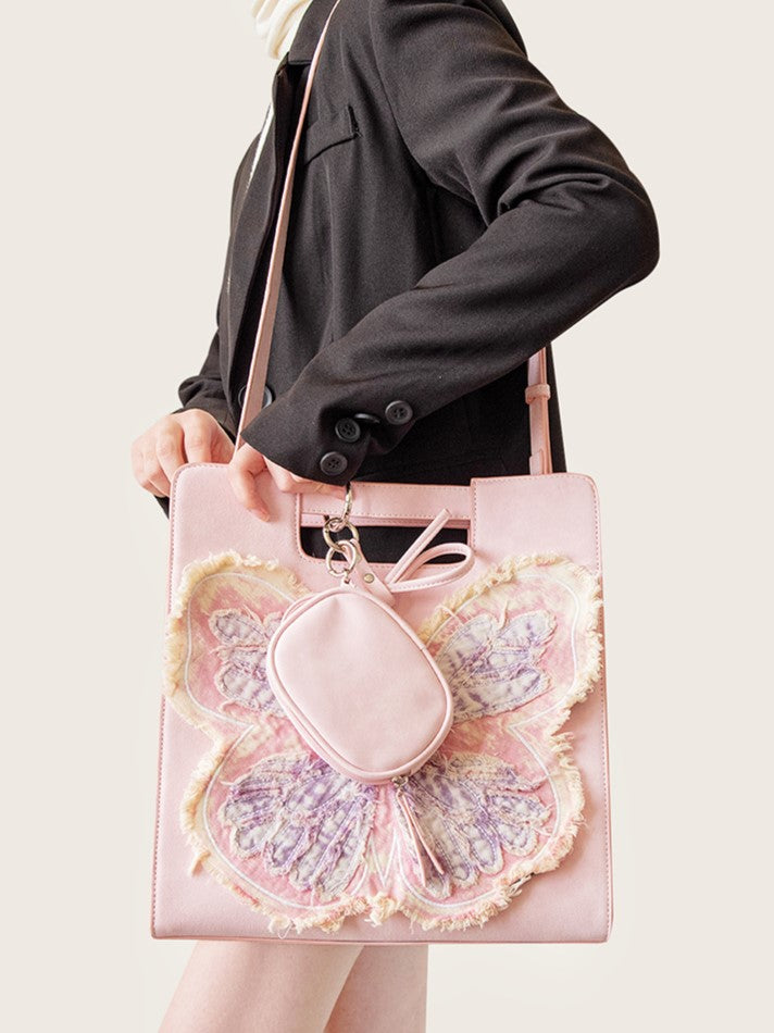 Adorable Pink Crossbody Bag With Oversized Butterfly Patchwork