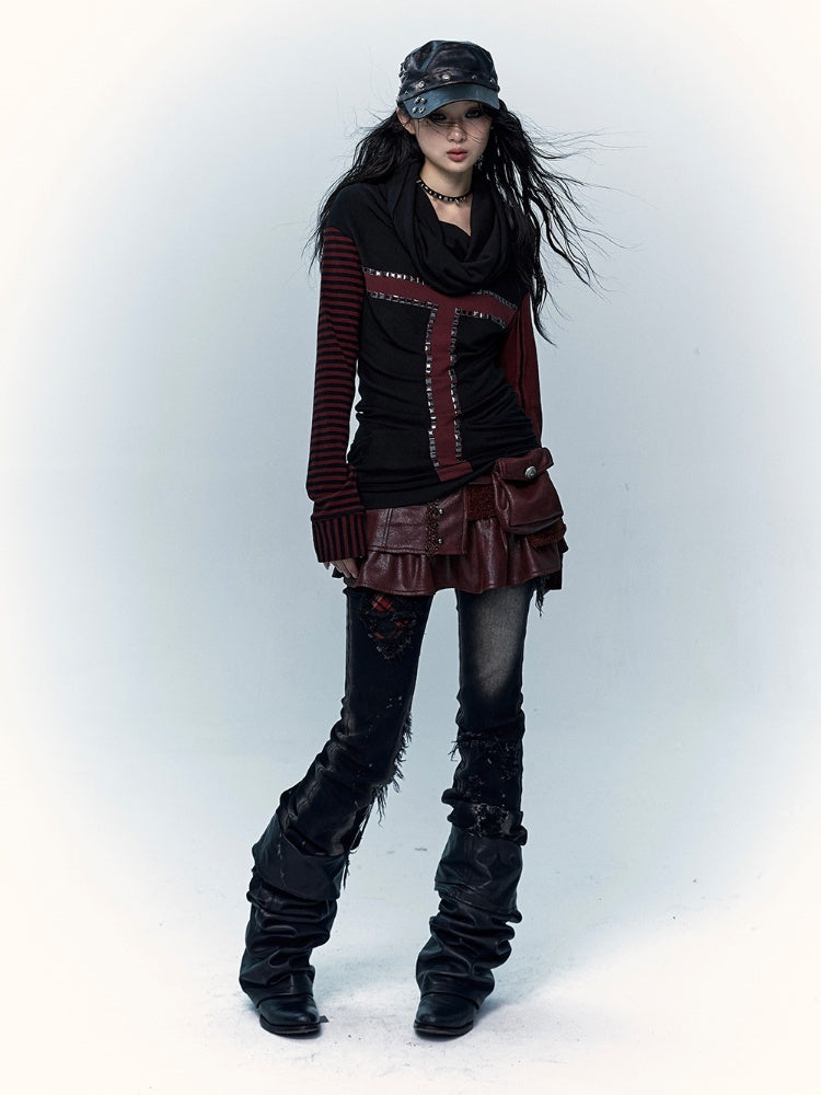 Black&Brown/Red&Black Striped Sleeves Top with Cross Design