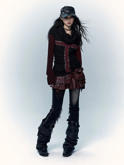 Black&Brown/Red&Black Striped Sleeves Top with Cross Design