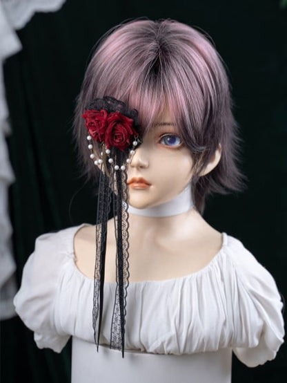 Black and Pink Highlight Hair Color 35CM Length Short Ouji Wig