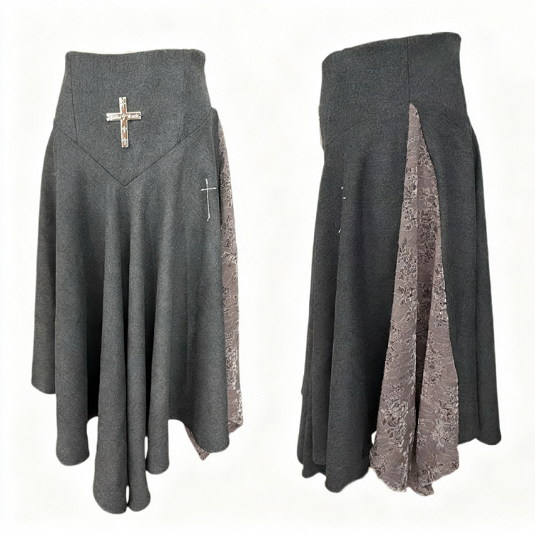 Black/Dark Gray Gothic Lace Embroidered Ankle-Length Skirt with Cross Stitch Detailing