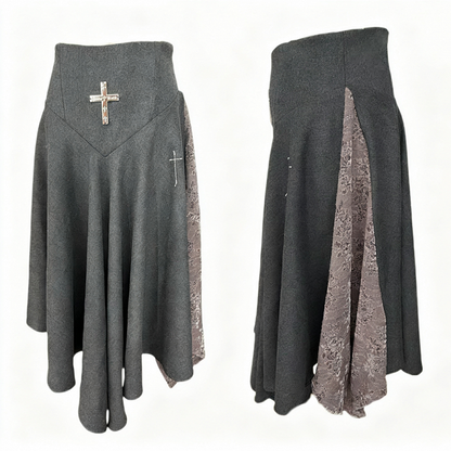 Black/Dark Gray Gothic Lace Embroidered Ankle-Length Skirt with Cross Stitch Detailing