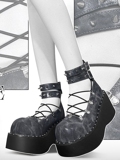 Front Lace-up Spike Stud Detailing Gray Punk Lolita Platforms