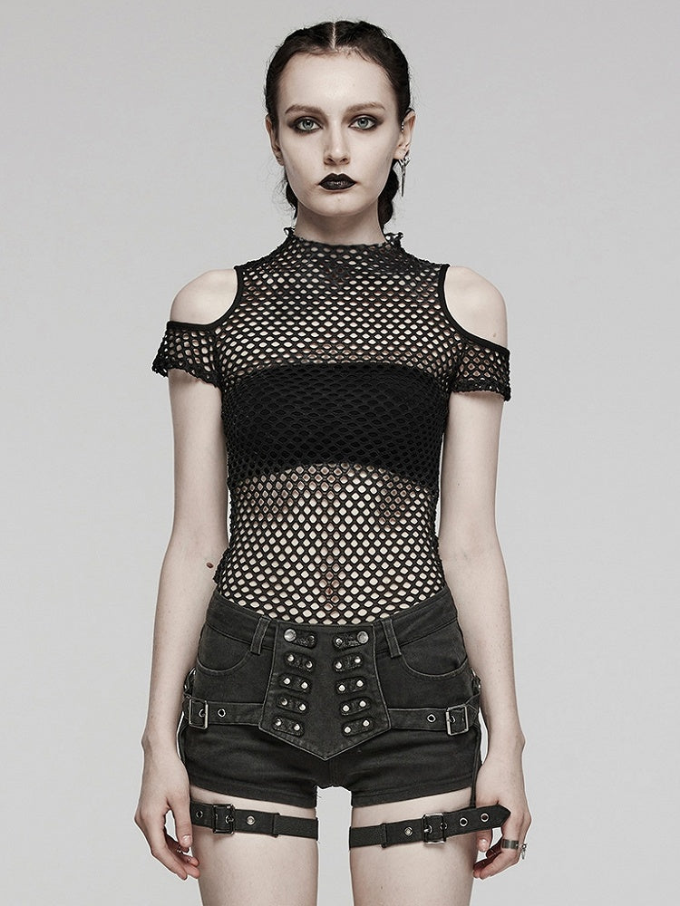 Black Punk Tie-dyed Mesh Short Sleeve T-shirt