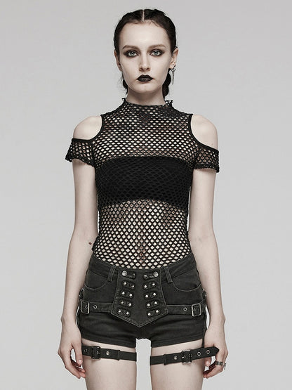 Black Punk Tie-dyed Mesh Short Sleeve T-shirt