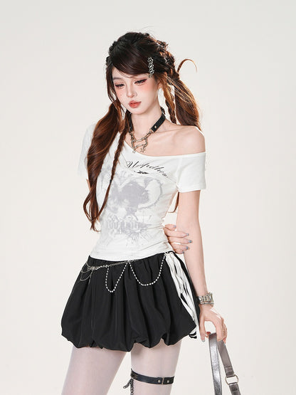 Asymmetrical Neckline Butterfly Print White/Pink Slim-fitting T-shirt