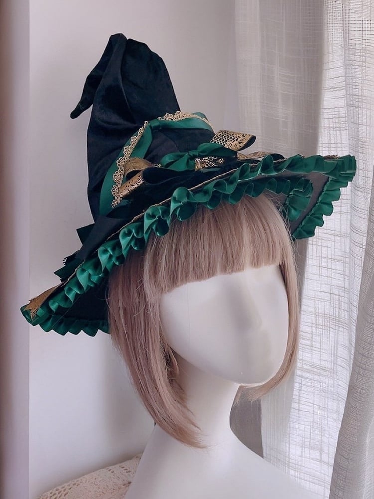 Wine Red/Green Bowknot Details Witch Hat