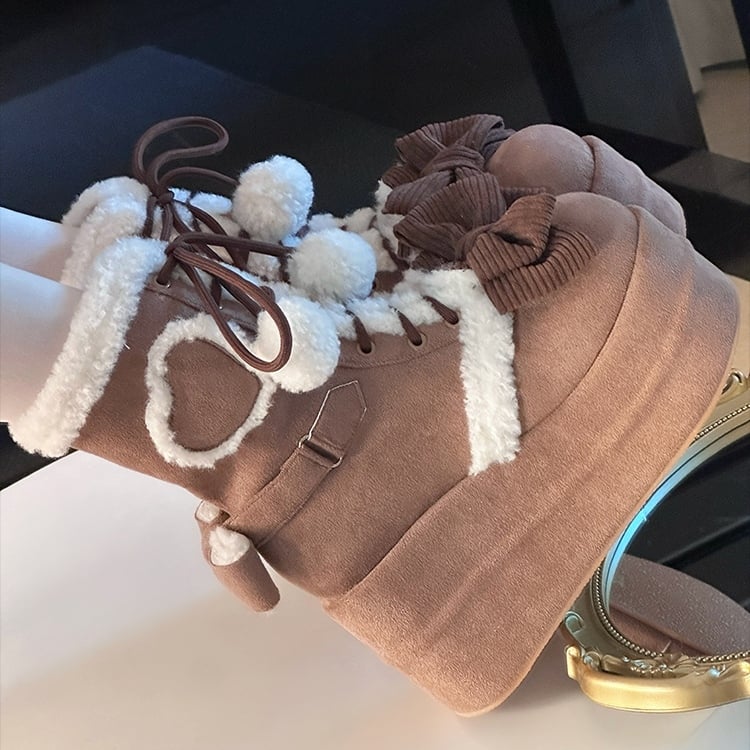Brown Sweet Lolita Platform Snow Boots - 6cm/8.5cm Sole Options with Heart Patches & Pompom Charm Laces
