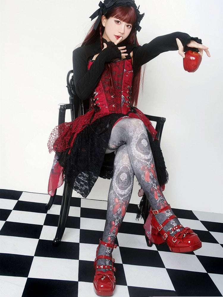 Gothic Wings Bow Wine Red Heart Hollowed Block Heels Punk Shoes