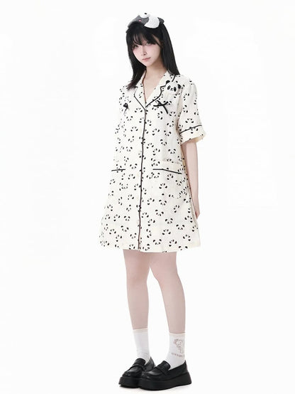 Beige Scalloped Edge Collar Allover Panda Print Pajamas Shirt Dress Panda Plushie