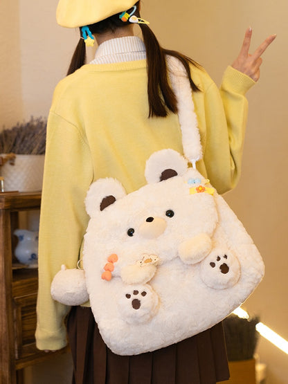 White Bear Plush Flap Backpack Bag Middle/Large Size