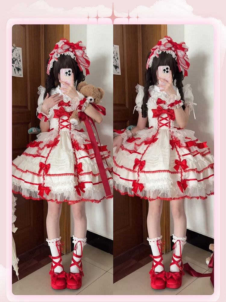 White and Red Sweet Bow Accents Princess Lolita Jumper Skirt