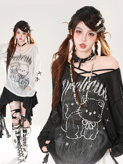 Black/White Asymmetrical Neckline Kitty Print Semi-sheer Coverup