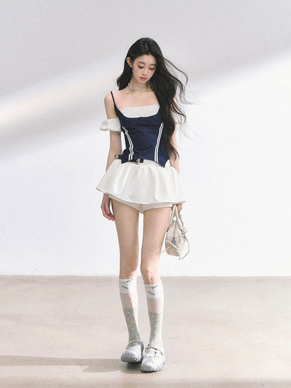 Denim Blue Faux Two-pieces T-shirt Puff Sleeves Top