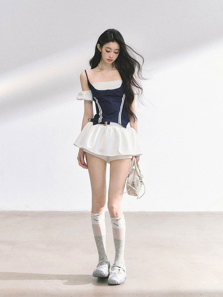 Denim Blue Faux Two-pieces T-shirt Puff Sleeves Top