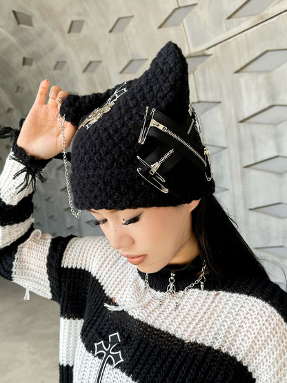 Black Y2K Punk Cross Knit Hat with Chain