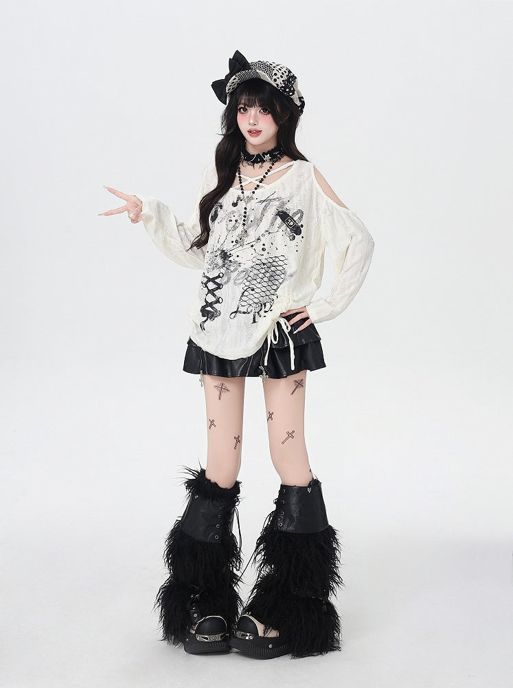 Criss-cross Design Neckline Cutout Shoulder Splash Ink Print Distressed Holes Apricot Top