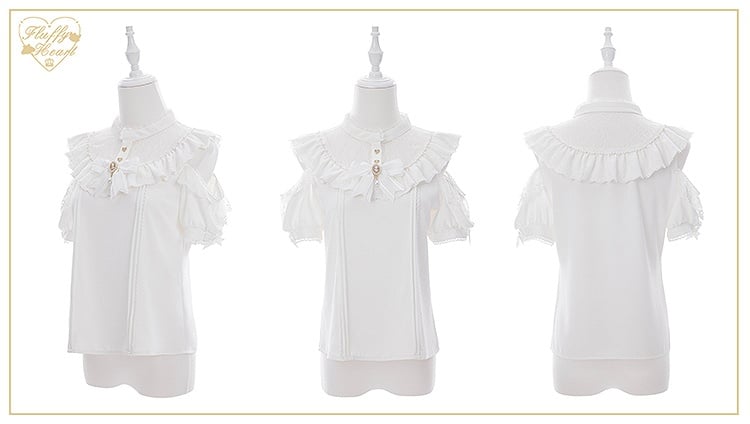 Jirai Kei White Illusion Neckline Cutout Shoulder Short Sleeve Blouse with Free Bowtie