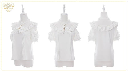 Jirai Kei White Illusion Neckline Cutout Shoulder Short Sleeve Blouse with Free Bowtie