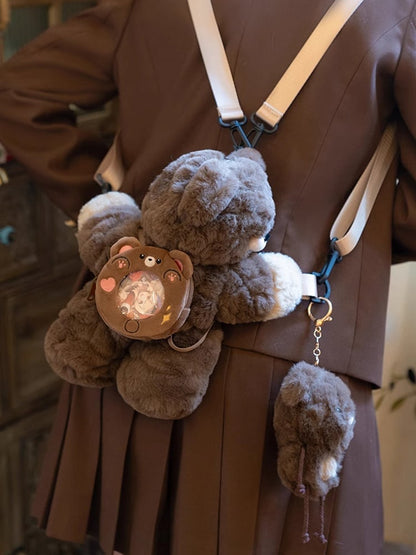Brown Bear Plush Backpack/Crossbody Bag + Keychain Small/Middle/Large Size