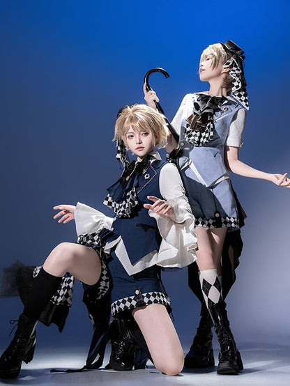 Prince Style Ouji Lolita Handkerchief Hem Light Blue Checked Pattern Shorts