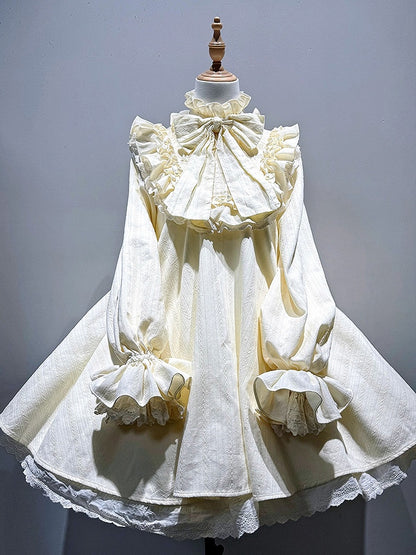 Beige Big Bow Ruffled High Neck Sweet Lolita Long Sleeves Cotton Dress