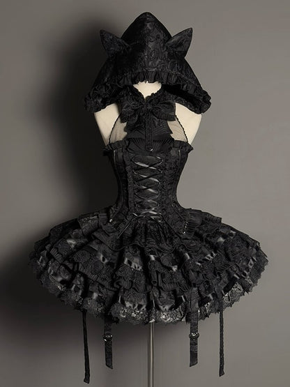 Clearance-Size M for Bust 85-99CM Black Halter Neck Sleeveless Top + Waist 64-100CM Kuro Gothic Lolita Tiered Skirt Full Set