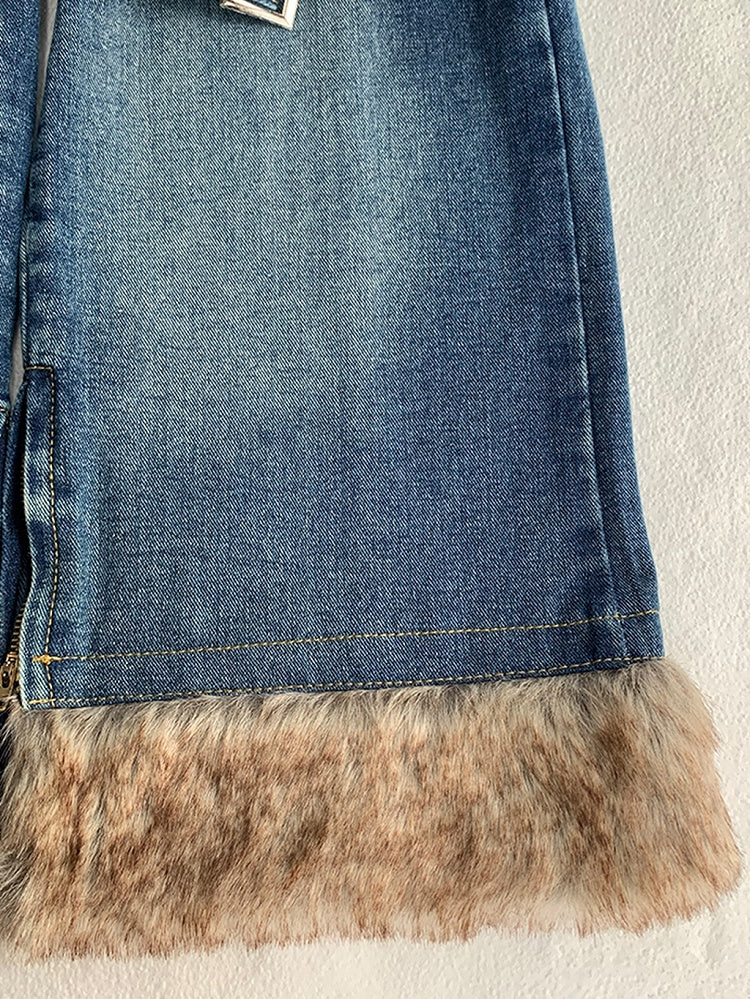 Blue Buckle Straps Flared Denim Leg Warmers