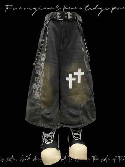 Dark Blue Faded Wash Cross Appliques Distressed Wide-Leg Jeans
