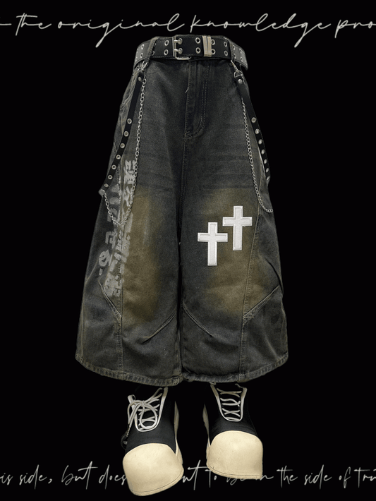 Dark Blue Faded Wash Cross Appliques Distressed Wide-Leg Jeans