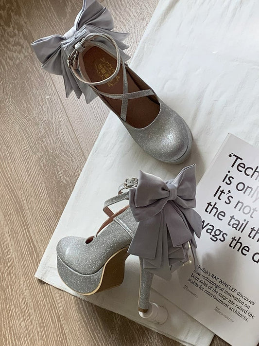 Glittering Silver Detachable Bow Hime Lolita Platform High Block Heels