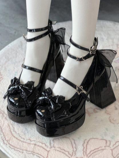 11CM Polished Black Bow at Top Sweet Lolita Platform High Heels