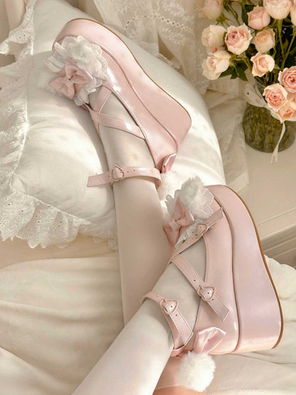 Pink&White Crisscross Design Plush Bunny Ear Decorated Bow at Top Platforms With Pompon