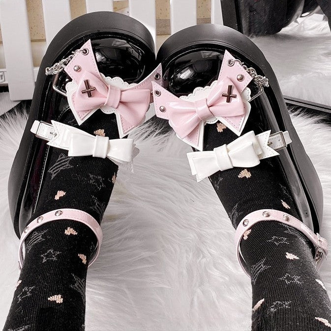 Punk Crosses and Chains Black Bow Accents Platforms Buckle Ankle Strap