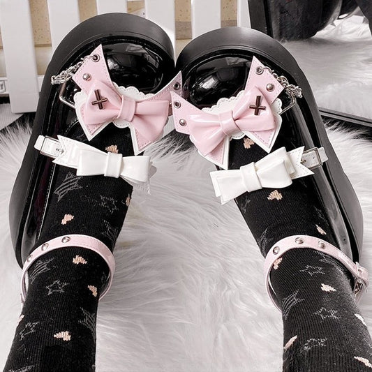 Punk Crosses and Chains Black Bow Accents Platforms Buckle Ankle Strap