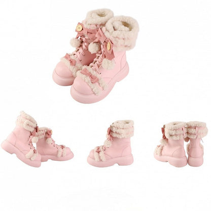 PU Pink Sweet Lolita Platform Snow Boots - Plush Lining with Bear Ear Accents & Bow Details