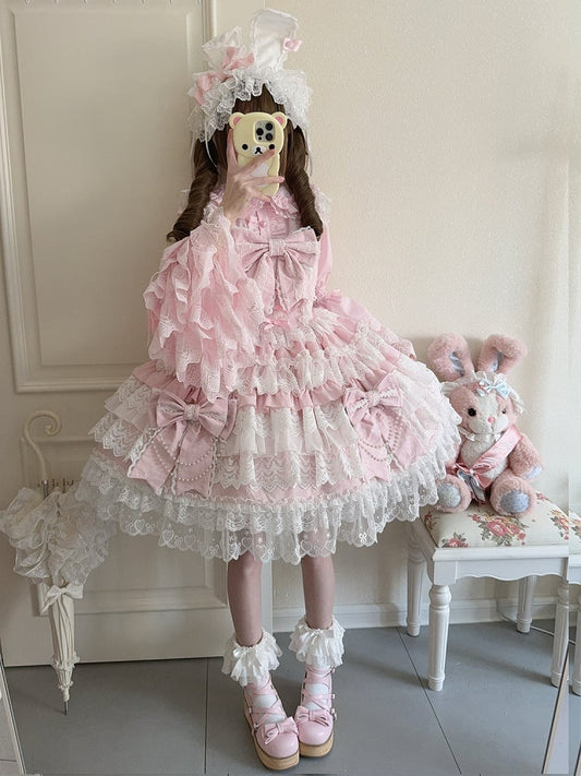 Pink Bead Chain Big Bows Decoration Tiered Skirt Hanayome Lolita Dress